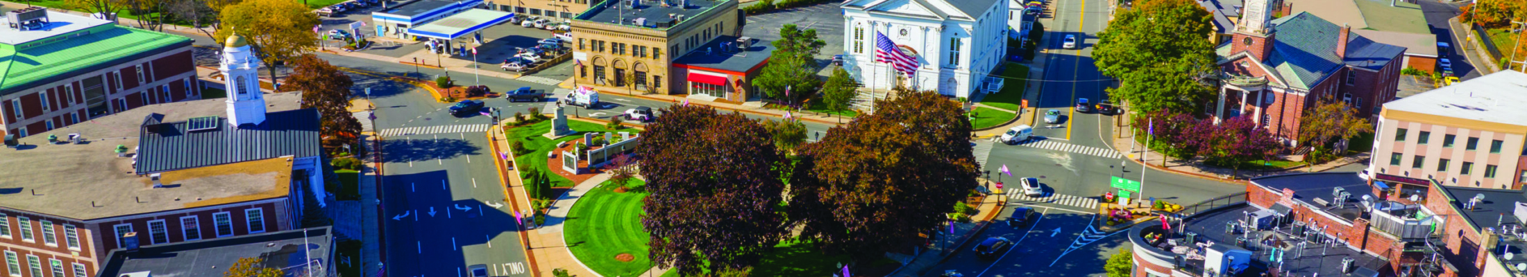 Woburn Common And City Hall Aerial View In Downtown Woburn, Mass